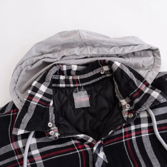 Dickies Black Red Checker Button Up Removable Hood Quilt Stitch Lined Shacket XL - Picture 12 of 15